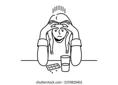 Frustrated young woman sit at desk thinking of taking pills. Unhappy confused female doubt about medication getting. Medicine and healthcare problem. Vector illustration. 