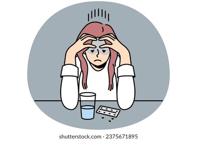 Frustrated young woman sit at desk thinking of taking pills. Unhappy confused female doubt about medication getting. Medicine and healthcare problem. Vector illustration.