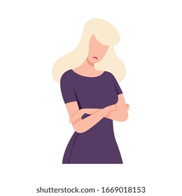 Frustrated Young Woman Standing with Folded Hands Flat Vector Illustration