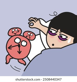 Frustrated Young Woman Trying Kill Alarm Clock Concept Card Character illustration