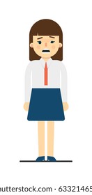 Frustrated young woman in uniform isolated on white background vector illustration. Beautiful pretty school girl in blouse and skirt in flat design.