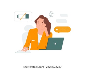 Frustrating tired female office workers employee worrying in front of a laptop, stress, tiredness, overwork concept illustration