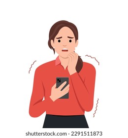 Frustration, broken phone, problems in communication concept. Worried concerned girl cartoon character looking at her phone screen cracked and shattered to pieces or feeling bad with message. Flat vec