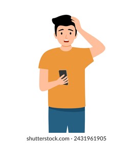 Frustration, broken phone, problems in communication concept. Worried concerned man character looking at his phone screen cracked and shattered to pieces or feeling bad with message.