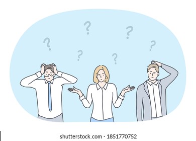 Frustration, business crisis, doubt, challenge, having no idea concept. Young business people office workers cartoon characters standing and expressing frustration with difficult situation on work