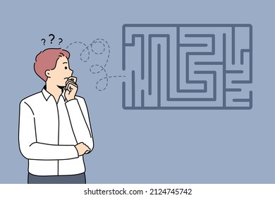 Frustration and business strategy concept. Businessman standing and looking at labyrinth thinking trying to choose between many opportunities and ways making choice vector illustration