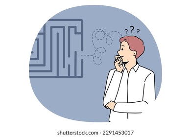 Frustration and business strategy concept. Businessman standing and looking at labyrinth thinking trying to choose between many opportunities and ways making choice vector illustration