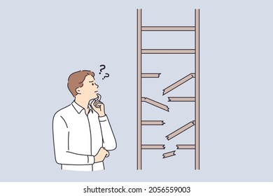 Frustration, business strategy, doubt concept. Young frustrated businessman cartoon character standing looking at broken ladder feeling not confident vector illustration 