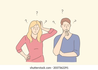 Frustration, challenge and question concept. Young frustrated couple man and woman cartoon characters standing touching faces feeling doubt with question marks above vector illustration 