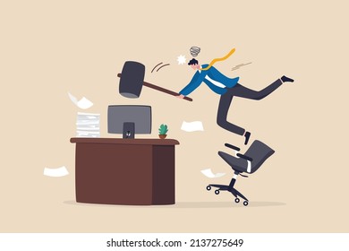 Frustration and chaos from computer problem or tech failure, stressful or anxiety from overworked or disappointment and mistake concept, frustrated businessman hitting to break computer with hammer.