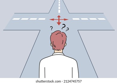 Frustration and choosing way concept. Businessman standing backwards and thinking trying to choose between many opportunities and ways making choice vector illustration