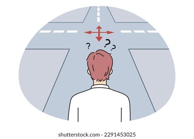 Frustration and choosing way concept. Businessman standing backwards and thinking trying to choose between many opportunities and ways making choice vector illustration