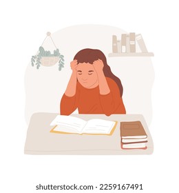 Frustración en el aula aisló ilustración vectorial de dibujos animados. Frustración estudiantil, molienda de dientes infantiles, niño sentado en clase con puños apretados, arrojando una caricatura del vector de un libro.