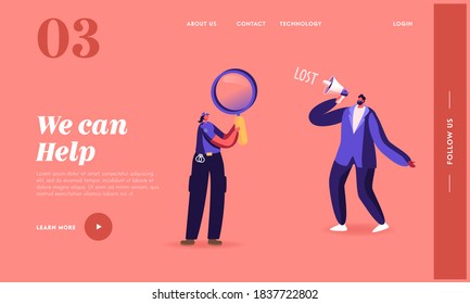 Frustration in Crowd Landing Page Template. Man with Megaphone in Crowded Place, Police Woman with Magnifier Help to Search Lost Character. Stress Situation at City. Cartoon People Vector Illustration