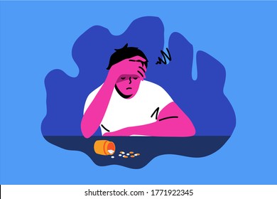 Frustration, depression, addiction, mental stress concept. Depressed frustrated man or guy cartoon character sitting on antidepressants pills. Loneliness emotional problems and bad news illustration.