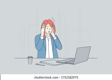 Frustration, depression, fear, business, overworking, deadline concept. Young scary frustrated frightened businesswoman clerk manager sitting at laptop holding head. Office overload and mental stress.