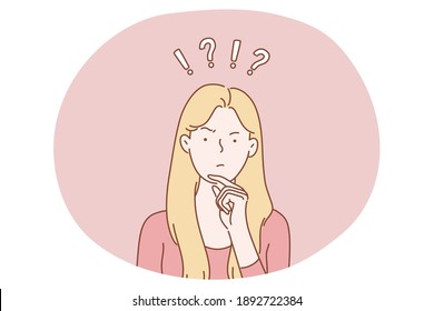 Frustration, doubt, having no idea concept. Young confused woman cartoon character standing and expressing frustration with difficult situation trying to find solution in head vector illustration