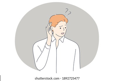 Frustration, doubt, having no idea concept. Young businessman office workers cartoon characters standing and expressing frustration with difficult situation on work trying to find solution 
