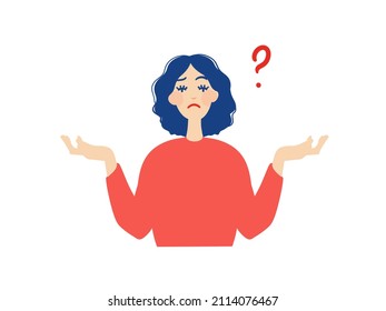 Frustration, doubt, having no idea concept. Young confused woman cartoon character standing and expressing frustration with difficult situation trying to find solution in head vector illustration