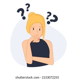 Frustration, doubt, having no idea concept. Young confused woman cartoon character standing and expressing frustration with difficult situation trying to find solution in head vector illustration