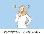 Frustration, doubt and question concept. Young frustrated woman cartoon character standing feeling doubt with question marks above vector illustration 