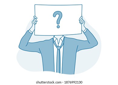 Frustración, duda, concepto de preguntas. Joven empresario caricaturista personaje de caricatura de pie y sosteniendo un gran cartel con signo de interrogación en las manos expresando frustración tratando de encontrar una solución 