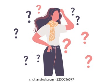 Frustration, doubt and question concept. Young frustrated woman cartoon character standing feeling doubt with question marks above vector illustration.