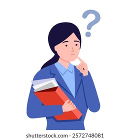 Frustration, doubt and question concept. Young frustrated woman cartoon character feeling doubt with question mark vector illustration