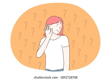 Frustration, doubt, searching for decision concept. Young girl cartoon character standing and expressing frustration with difficult situation trying to find solution and listening to noises 