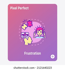 Frustration, emotional burnout concept with thin line icons, neurosis, exhausted, headache. Depression, professional crisis, low activity. Vector illustration.