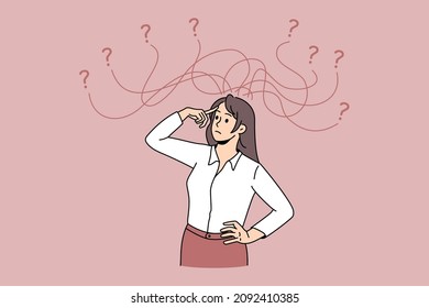 Frustration and feeling doubt concept. Young woman worker standing thinking trying to choose between many opportunities and ways making choice vector illustration