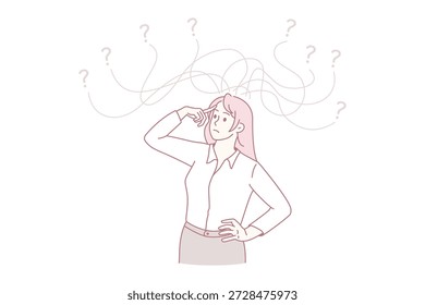 Concepto de frustración y duda de sentimiento. Trabajadora joven de pie pensando tratando de elegir entre muchas oportunidades y formas de hacer la elección Ilustración vectorial