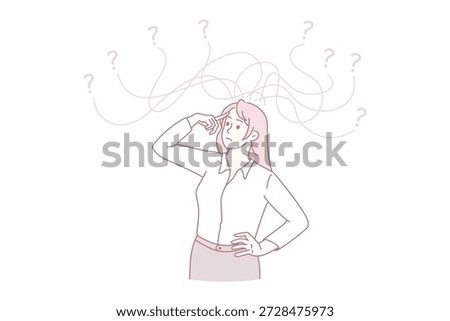 Frustration and feeling doubt concept. Young woman worker standing thinking trying to choose between many opportunities and ways making choice vector illustration