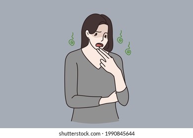 Frustration, feeling down and sick concept. Young frustrated girl cartoon character standing and expressing negative emotions feeling down and ill vector illustration 
