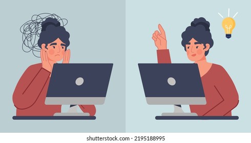 Frustración o innovación. Comparación de mujeres con o sin idea. Personalidad creativa y estancamiento mental. Niña joven detrás de computadora, afiche o cartel para sitio web. Vector plano de dibujos animados