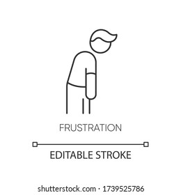 Frustration pixel perfect linear icon. Burnout symptom. Man suffer from anxiety. Thin line customizable illustration. Contour symbol. Vector isolated outline drawing. Editable stroke