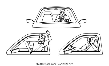 frustração estresse tráfego estrada homem vetor. retardo engarrafamento, gargalo de corrida, tensão impaciência frustração estresse tráfego estrada homem personagem. pessoas linha preta lápis desenho ilustração