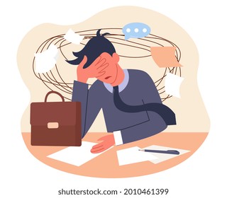 Frustration swirl concept. Emotional burnout and depression from hard work. Character has mental problems. Tired office worker. Cartoon modern flat vector illustration isolated on a white background