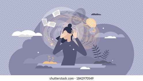 Frustration Swirl As Dizzy Mental Feeling Problem Crisis Tiny Person Concept. Work Overload Pressure Caused Depression And Emotional State Vector Illustration. Psychological Tension And Disorientation