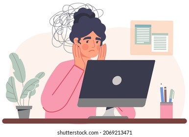 Frustration swirl as dizzy. Woman sitting at computer and holding her head. Tired employee with emotional burnout and mental problems. Psychological pressure at work. Cartoon flat vector illustration