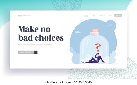 Frustration, Work Problem, Hopeless Situation Website Landing Page. Stressed Depressed Businessman Trapped Inside Jar with Question Mark above Head Web Page Banner. Cartoon Flat Vector Illustration