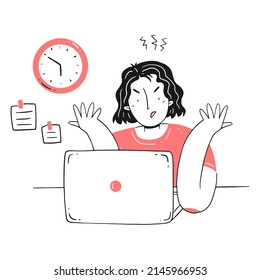 Frustration at work. Professional burnout syndrome. An irritated, exhausted girl does not have time for the deadline in line style. Vector concept illustration.