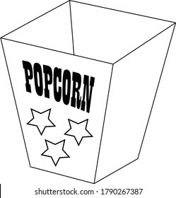Frustum of regular rectangular pyramid shaped popcorn box, POPCORN with three star are written on one face of the box, vintage line drawing or engraving illustration.
