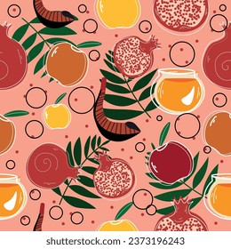 Frutis with honey and shofar on pink background. Pattern for des