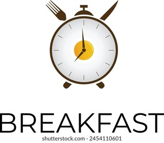 Huevo frito con logo de reloj, Reloj despertador con huevo frito. Concepto de la hora del desayuno. Ilustración vectorial.