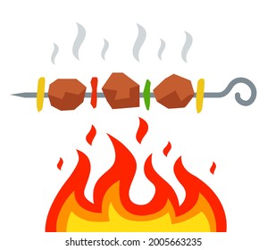 freír un kebab sobre una chimenea abierta. ilustración vectorial plana.