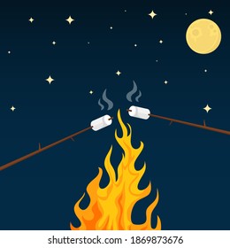 Fry marshmallows on the background of the night sky. Vector, cartoon illustration. Vector.
