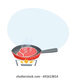 Fry the meat steak in a frying pan. Cooking process vector illustration. Kitchenware and cooking utensils isolated on white.