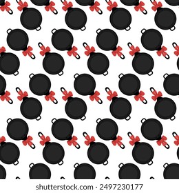 Fry pan with handle and red bow Seamless pattern in cartoon style. Top view. Isolated Background