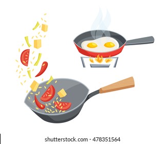 Fry in a pan set. The vegetables in the wok and cook eggs. Cooking process vector illustration. Kitchenware, utensils and food isolated on white.